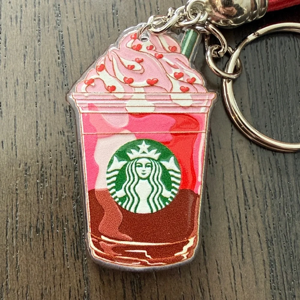 Starbucks inspired Chocolate Red and White Frappuccino Keychain with Red tassle